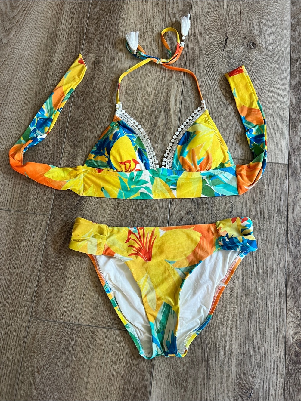 Yellow Tropical Floral Two-Piece Bikini Set with Crochet Trim